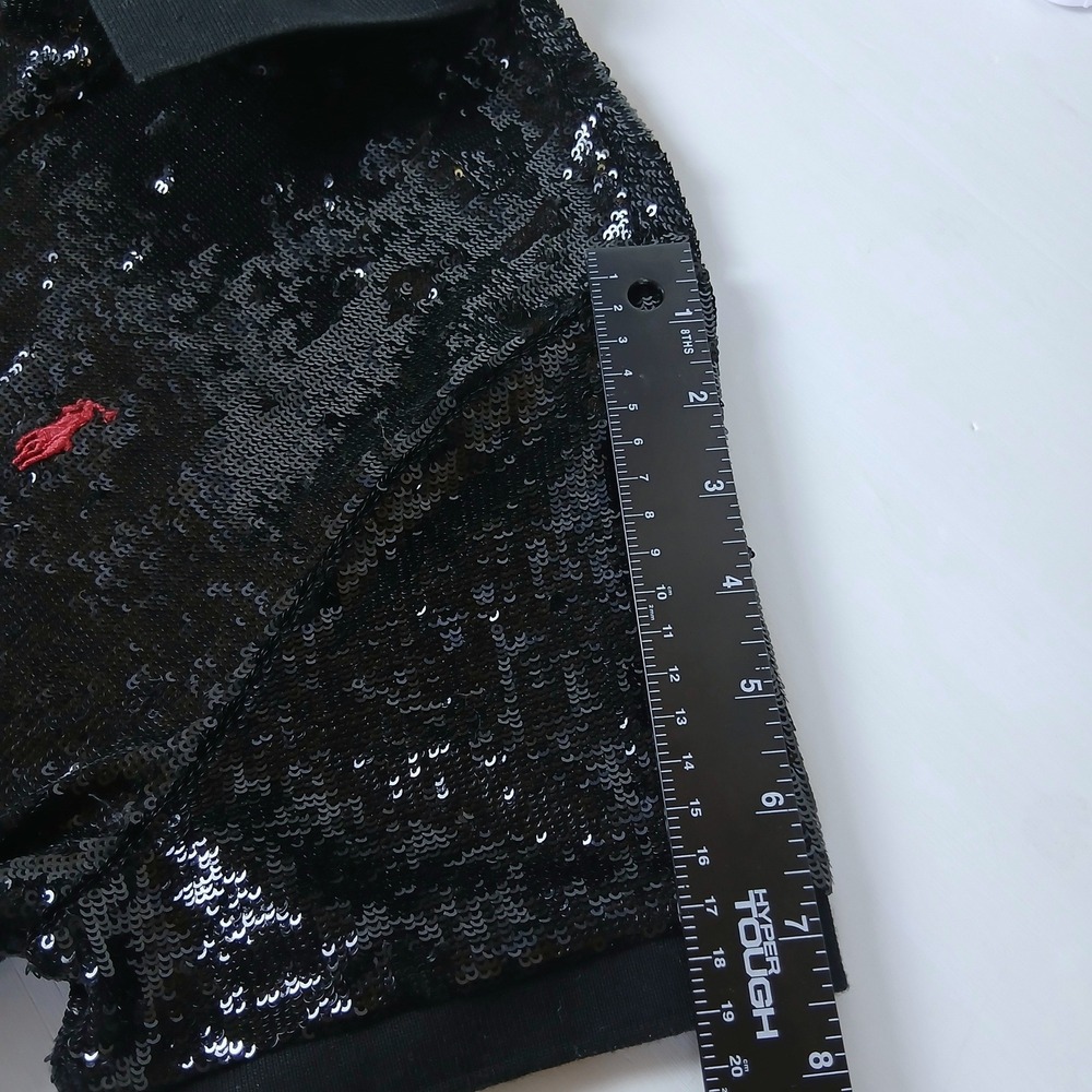 Polo Ralph Lauren Black Sequin Short Sleeve Polo Shirt Red Pony Logo Large - Picture 11 of 12